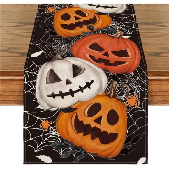 Black Pumpkins Spider Web Halloween Table Runner, Seasonal Fall - Picture 1 of 7